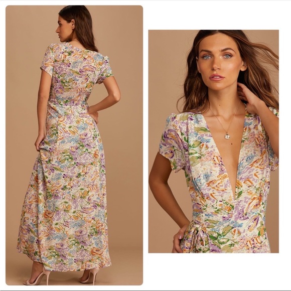 Lulus | Feels Magical Ivory Floral Print Short Sleeve Wrap Maxi Dress - Picture 3 of 12